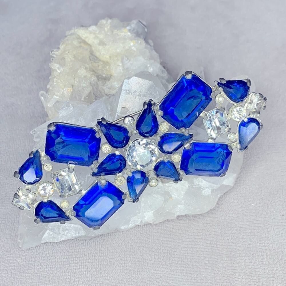 Gorgeous Cobalt Blue and clear Rhinestone Gorgeous Victorian Brooch, Antique